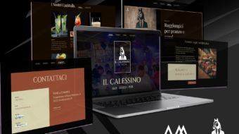 Presentazione del sito web de Il Calessino Bar Risto Pub su laptop, con le pagine cocktail, contatti ed eventi e il logo del cavallo in giacca e cravatta.