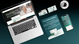 Presentazione del sito web 3trees Healthcare su laptop, brochure e smartphone, con contenuti su ricerca clinica e i prodotti Bianutris e Thitavita.